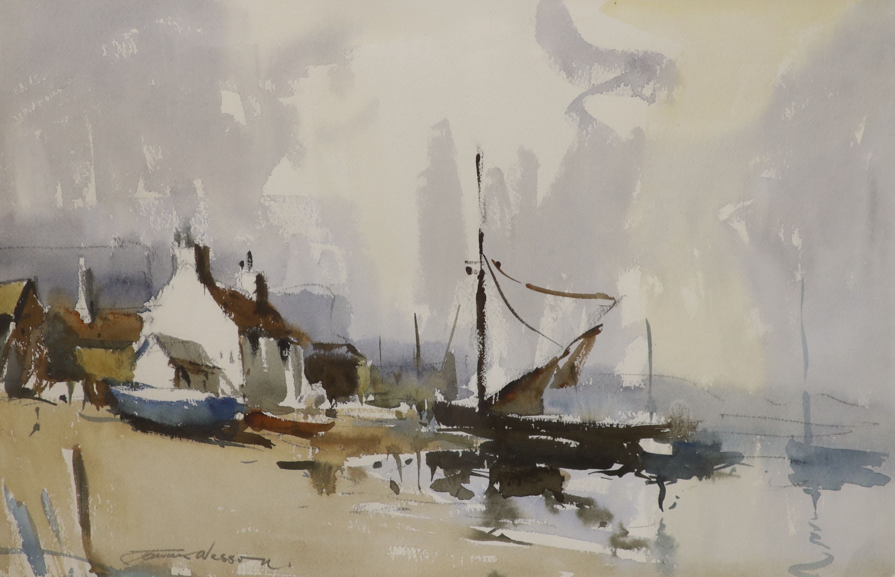 Edward Wesson (1910-1983), watercolour, Fishing village with sail barge, signed, 32 x 49cm